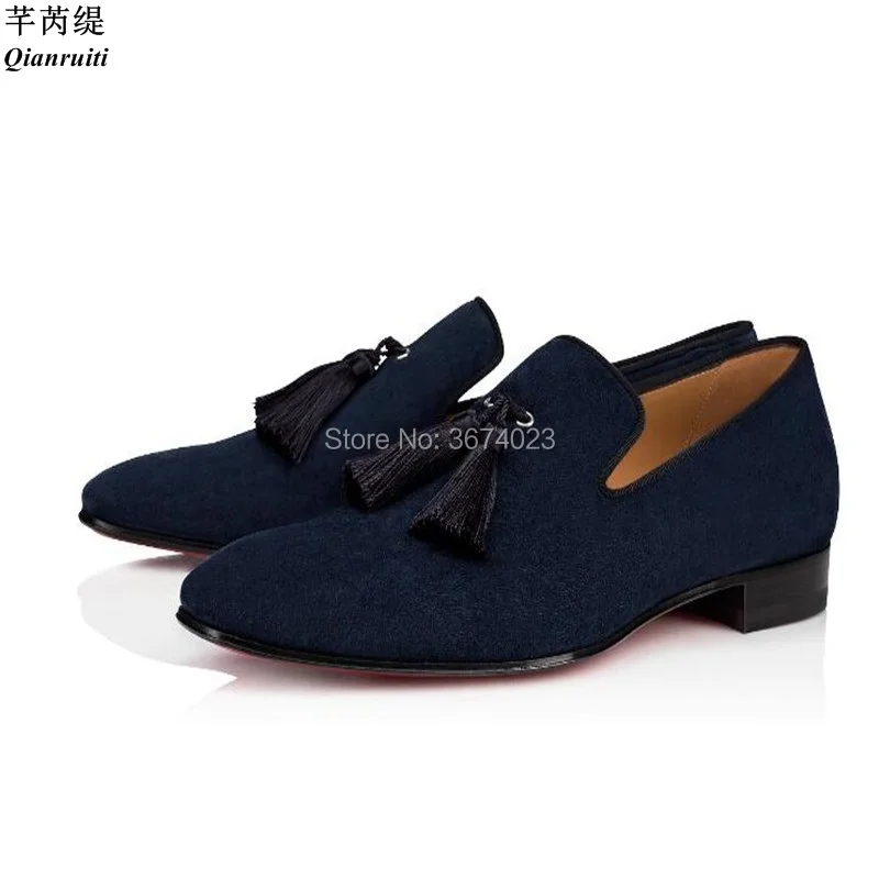 

Qianruiti Men navy Blue Suede Tassel Loafers Small Square Heels Slip-on Office Dress Shoes Men Loafers