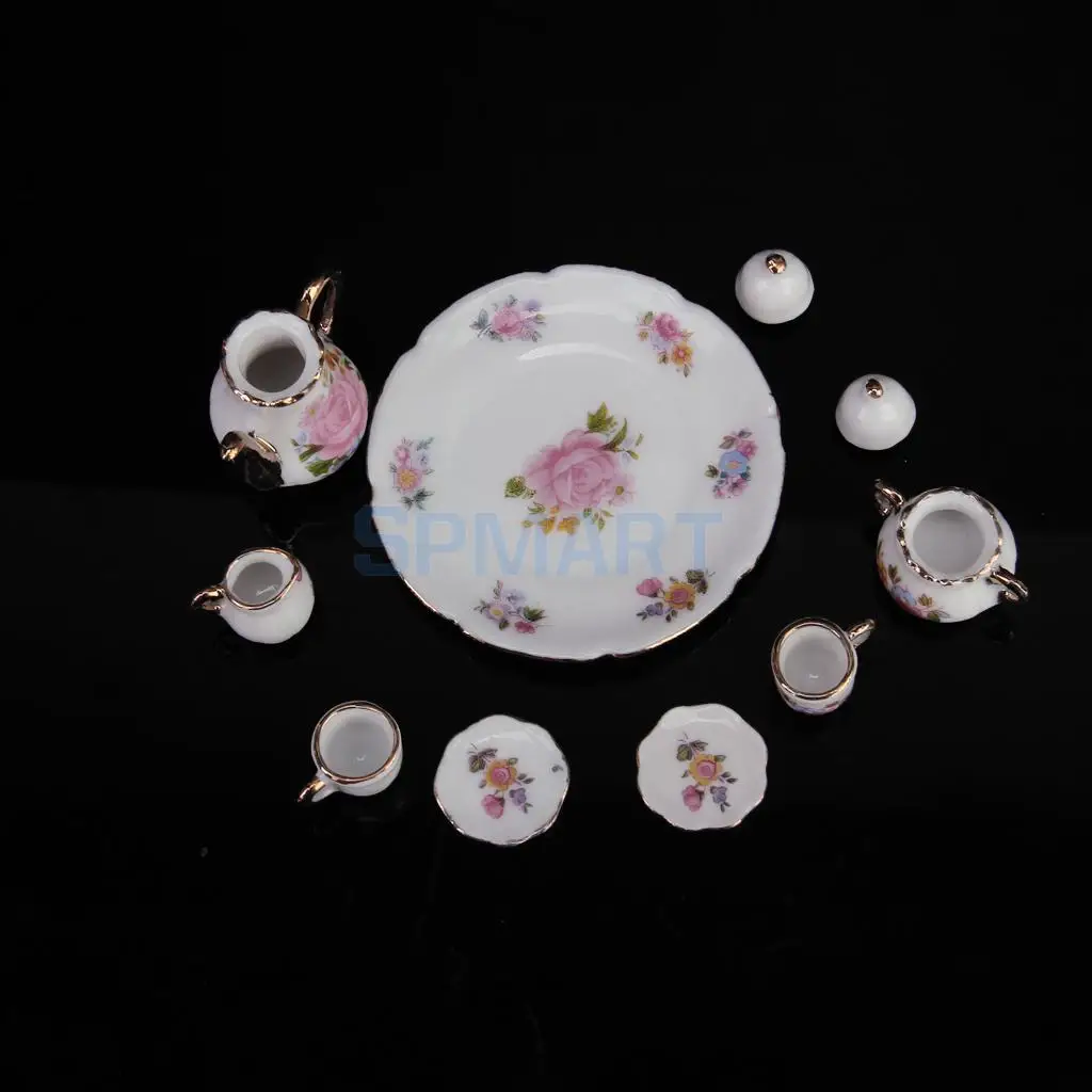 NEW ARRIVAL Children's Classic Toys 8pcs Dollhouse Miniature Dining Ware Porcelain Tea Set Dish Cup Plate -Pink Rose  HOT SALE