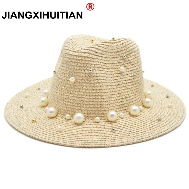 2018 Hot Summer British pearl beading flat brimmed straw hat Shading sun hat Lady fashion beach hat Jazz hat 55-58cm