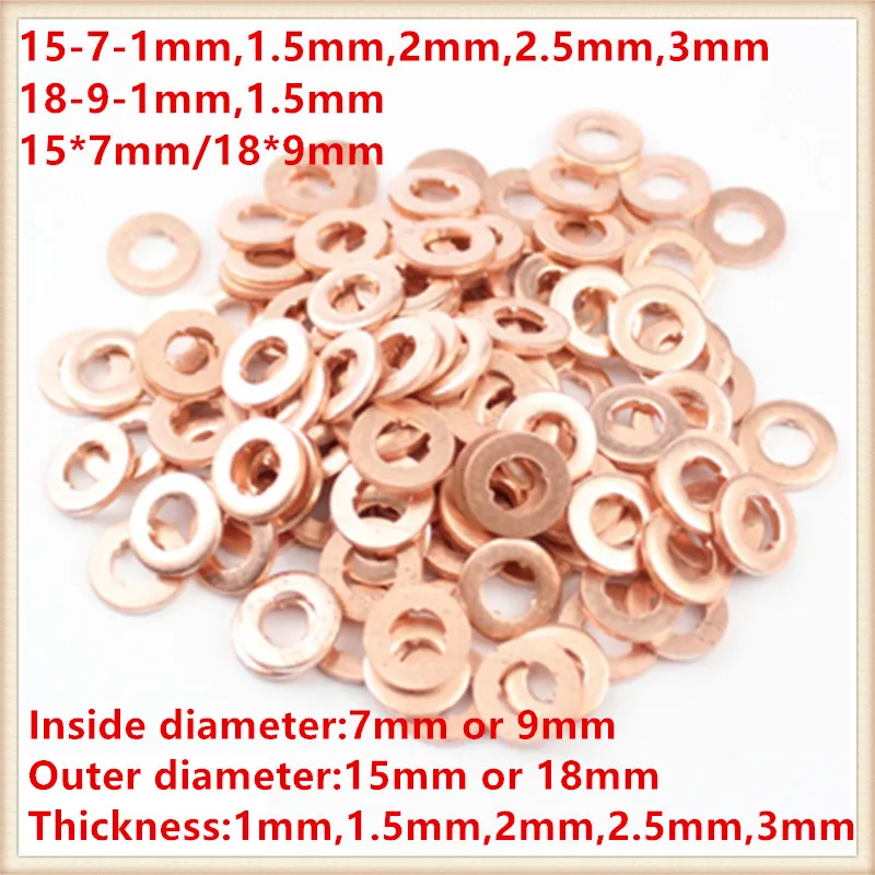 30PCS 7x15x1mm/1.5mm/2mm/3mm 9x18x1mm/2mm common rail injector nozzle repair adjusting sealing copper pad gaskets