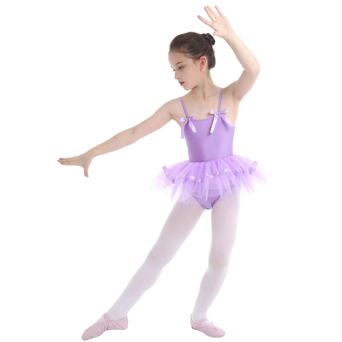 Vestido de balé com malha e tutu, balé feminino infantil para ginástica, traje de bailarina, alças de ombro espaguete com laços