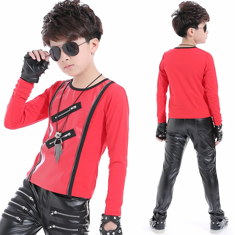 Jazz Kids Dance Costume Long Sleeved Top Leather Pants Hip Hop Set Children Street Dancing Clothes Boys Stage Outfit DNV11064