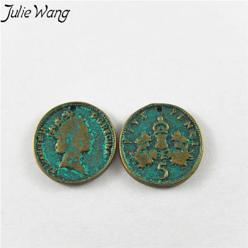 Julie Wang 20pcs Antique Green Bronze Alloy Imitation 5 Pence Charms For Necklace Pendants Findings Jewelry Making Accessory