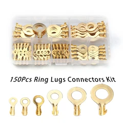 150PCS Ring Lugs Ring Eyes Copper Crimp Cable Connector Non-insulated M3/M4/M5/M6/M8/M10 Assortment Kit with Plastic Box