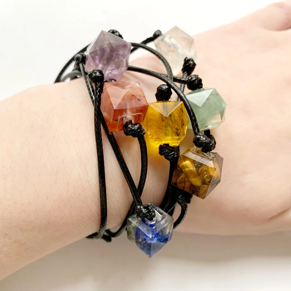 7 Chakra Natural Stone Bracelet Yoga Healing Stone Chip Beads Polyhedral Black Wax Rope Bracelet Adjustable Rope Set 1 piece