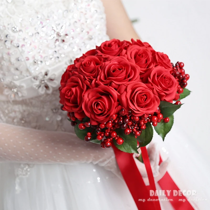 Real touch rose high simulation artificial flowers wedding bouquet for brides / bridesmaids  new pink / red rose bridal bouquet