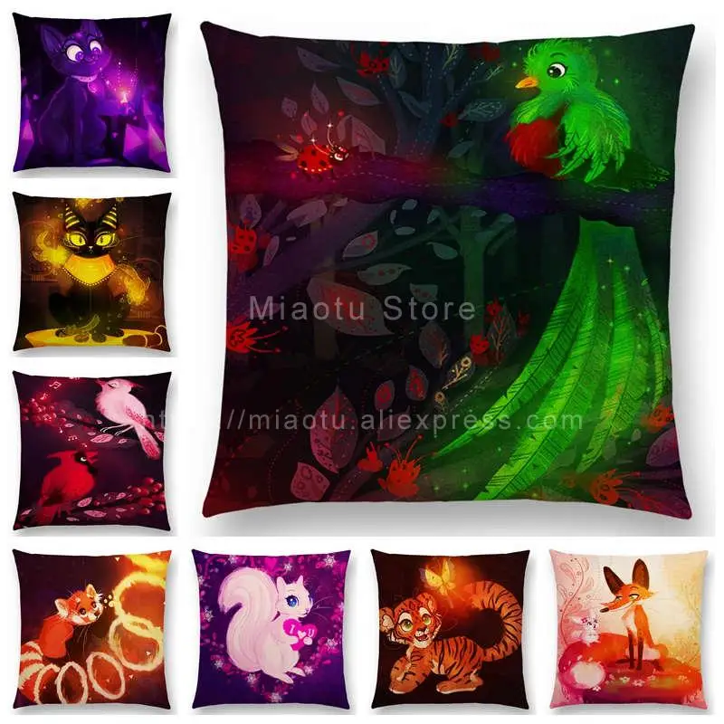 Cute Cartoon Animals Amethyst Kitty Raccoon Squirrel Fox Sofa Throw Pillowcase Tiger Quetzal Cat Bird Sapphire Cushion Cover