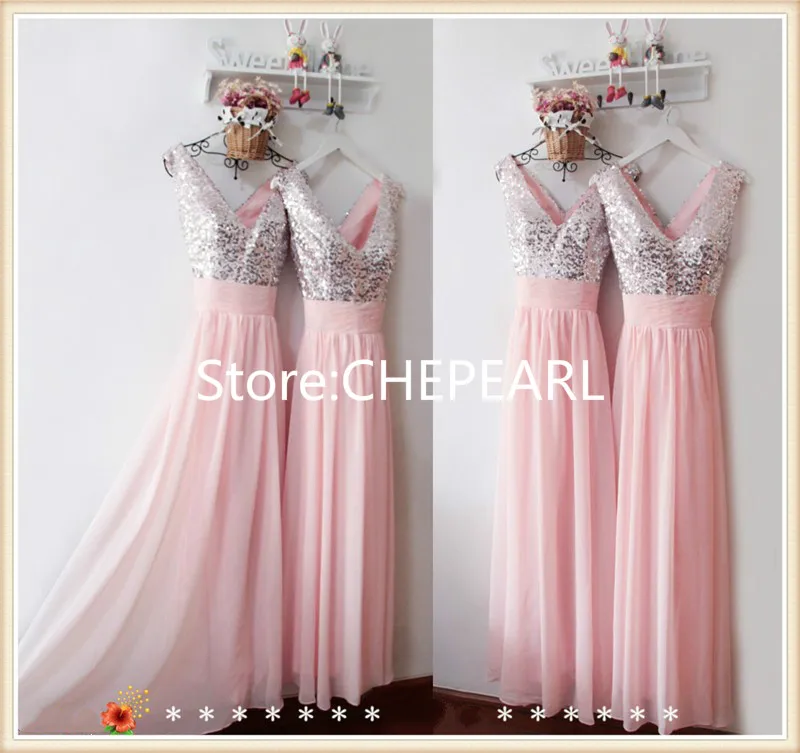 Custom Made Shiny Sequined Long Pink Chiffon Bridesmaid Dress Formal Wedding Party Gowns New Arrival