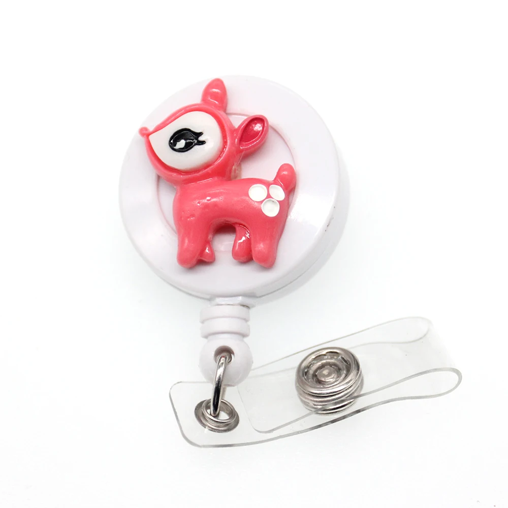 

10pcs/New Design Resin Pink Fawn Retractable Badge Reel Animal Deer ID Business Card Holder
