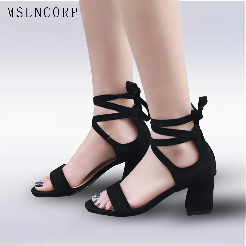 

Plus Size 34-46 New Women Sandals Gladiator Thick High Heels Summer Fashion Sexy Open toe Lace Up Ankle Strap Dress Party Shoes