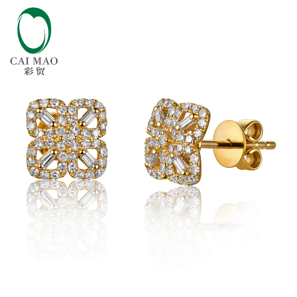 

Caimao 0.43ct Natural Round Baguette Diamond Flower Studs 14K Yellow Gold Earrings