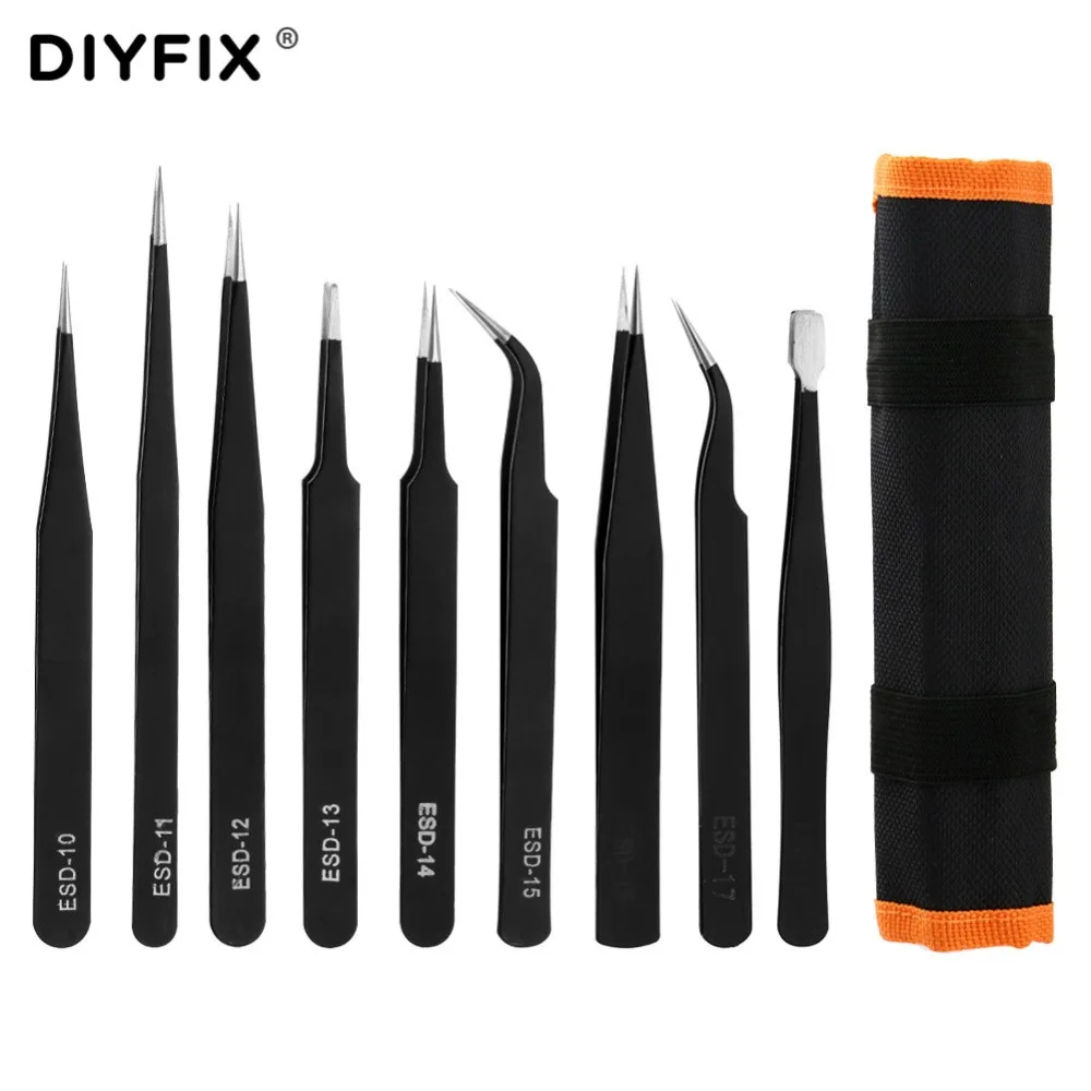 DIYFIX 9 in 1 Tweezers Kit Anti Static Stainless Steel Forceps Hand Tools Set for Electronics Mobile Phone Repair BGA Work Tools