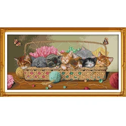 The Newborn kittens in the basket Counted Cross Stitch DIY 14CT and11CT For Embroidery Home Decor Needlework Cross-stitching Set