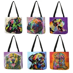 Bolso de mano con estampado de Bull Dog Terrier para mujer, bolsa de compras reutilizable de lino, bolsos de tela con patrón personalizado, pintura al óleo personalizada