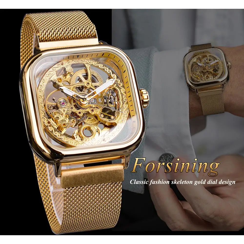 Imagem -03 - Forsining Homens Relógios Mecânicos Automático Auto-vento Dourado Transparente Moda Malha Aço Relógio de Pulso Esqueleto Homem Masculino Quente Hora