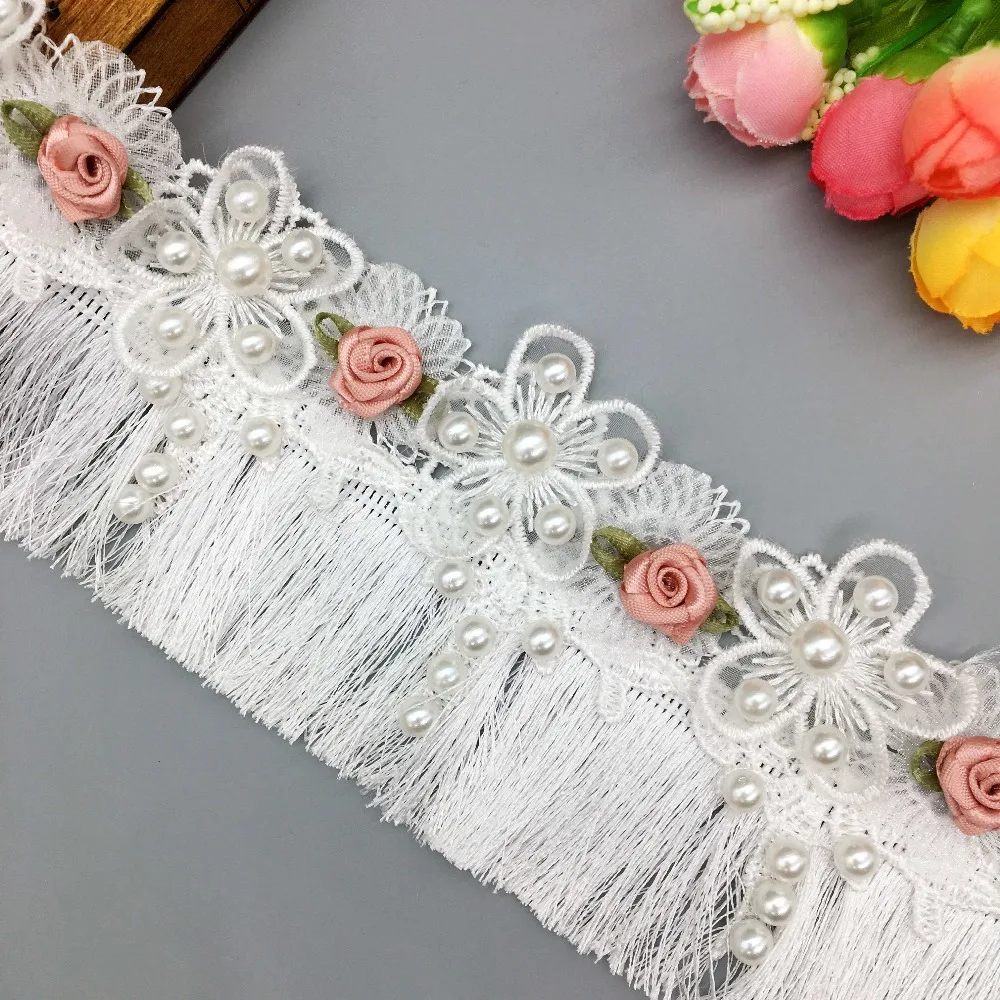 

1 Yard White Pearl Beaded Rose Flower Lace Edge Trim Tassel Embroidered Ribbon Applique Patch Fabric Wedding Dress Sewing Craft