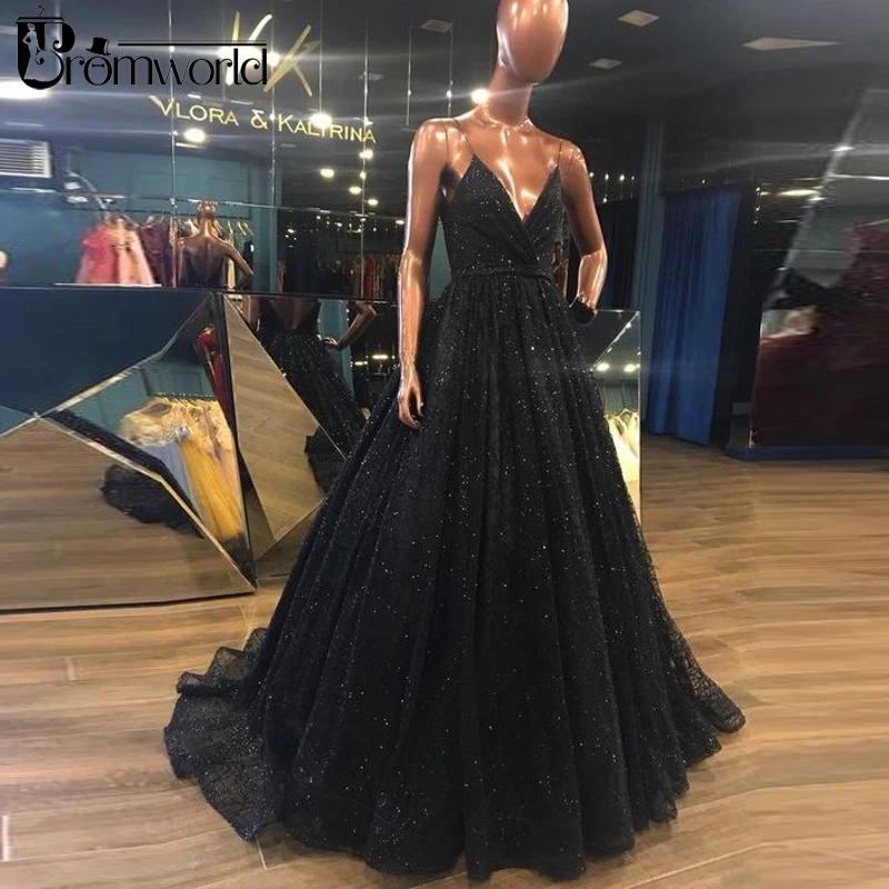 

Black Prom Dresses 2021 Ball Gown Backless Sequined Slit V-Neck Spaghetti Straps Long Prom Gown Real Image Evening Dresses