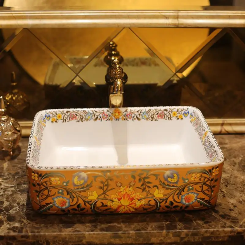 Europe style chinese wash basin vessel sinks Jingdezhen Art Counter Top ceramic basin sink sink rectangular wash basin