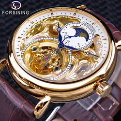 Forsining Luxus Weiß Gold Display Braun Leder Mondphase Mode Blau Hand Skeleton Wasserdicht Männer Automatische Mechanische Uhr