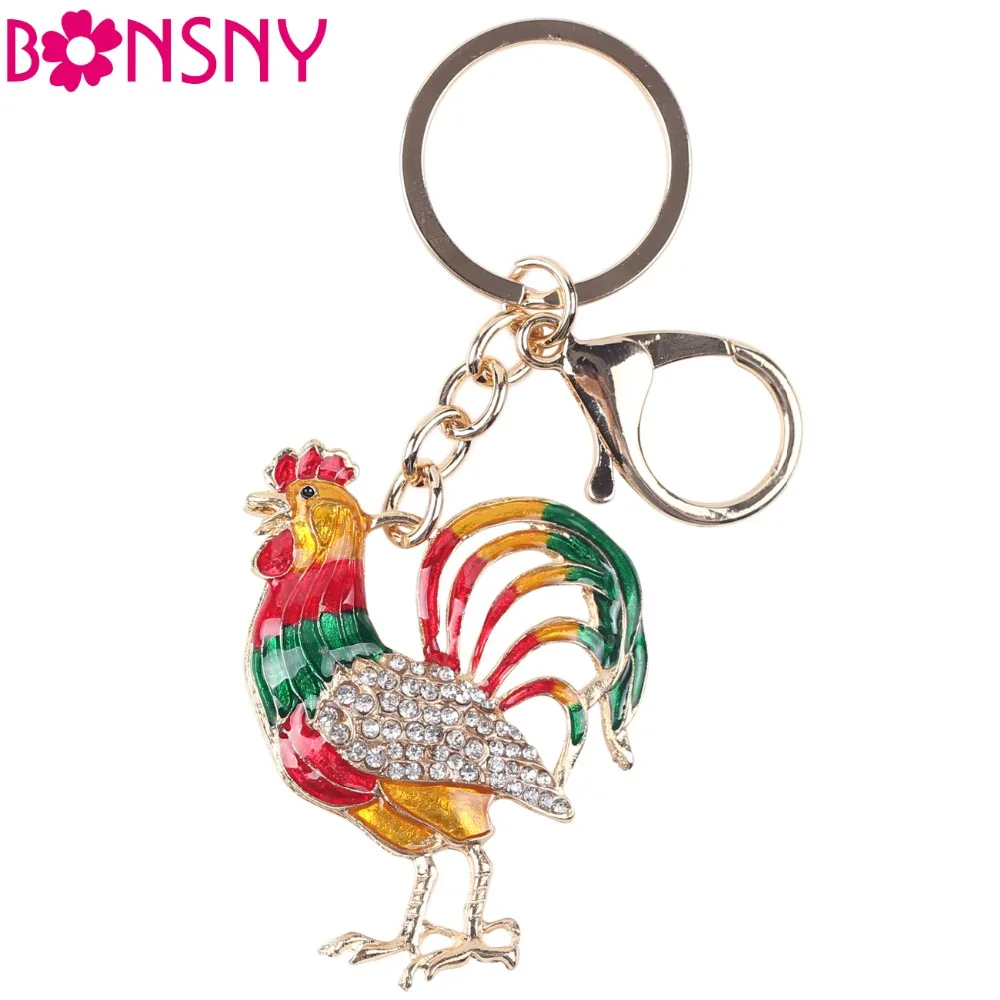 Bonsny 2016 Enamel Alloy Chicken Rooster Cock Key Chain Key Ring Pom Gift For Women Girl Bag Charm Keychain Pendant Jewelry