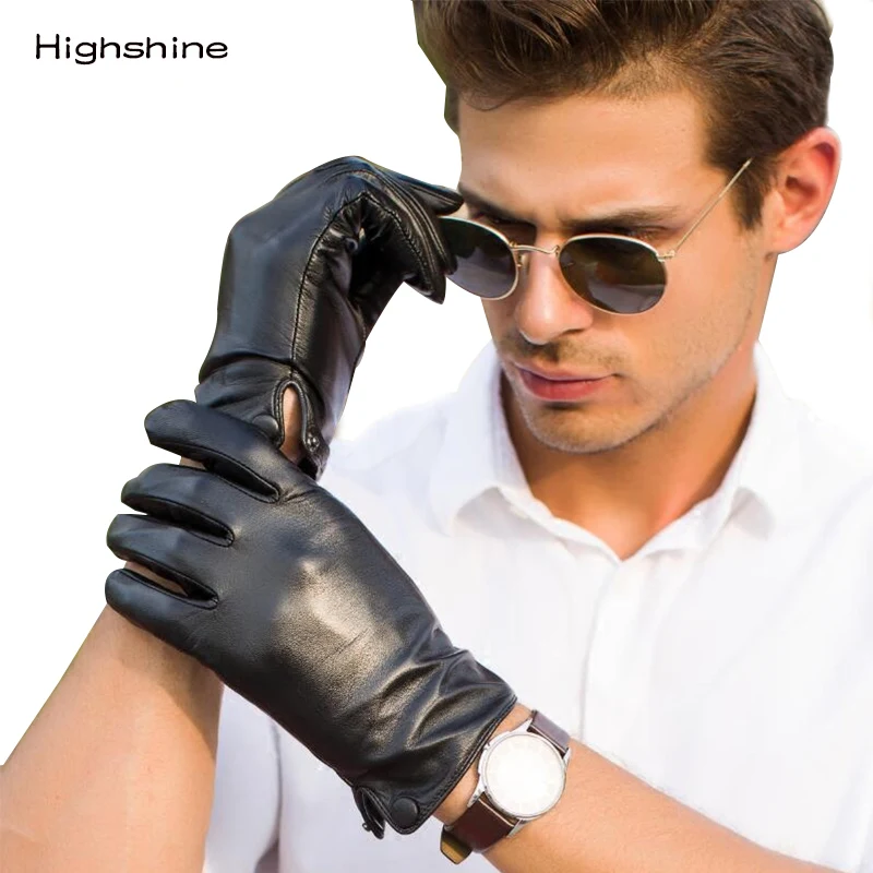 Guantes de piel de oveja auténtica para hombre, guantes negros con botón para pantalla táctil, marca de moda, de cuero cálido para invierno