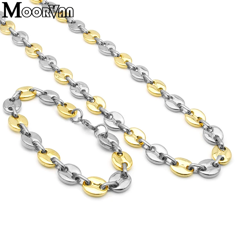 Moorvan New Stainless Steel Men's Flat Beads Jewelry Set Bracelet Necklace Sets VJS001