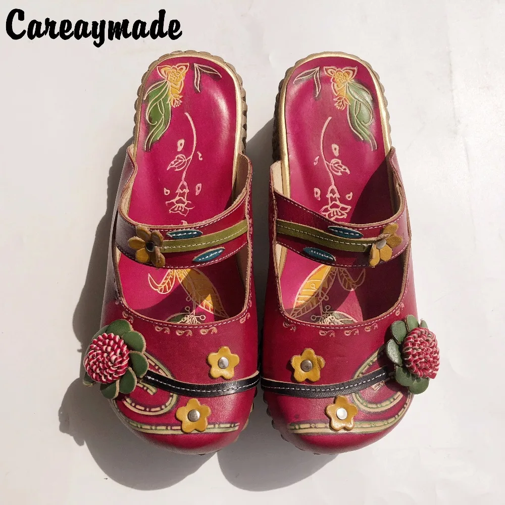 Careaymade-New Spring/Summer,Genuine cowhide thick bottom muffin flat slippers,Women ethnic style candy color slippers958-2