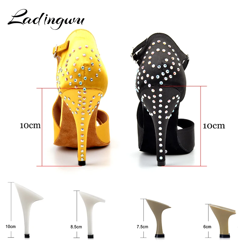 Mulheres Cetim Latino Sapatos de dança, Sapatos de dança de salão, Strass Tango Shoes, Amarelo, Preto, Design exclusivo de alfaiataria, Novo