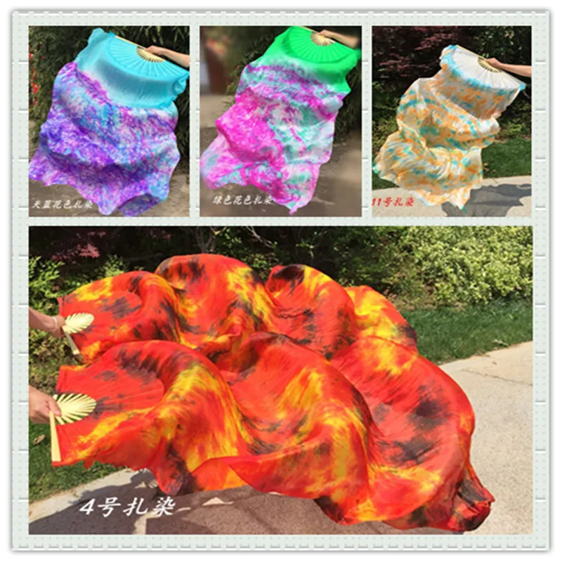 New Tie-dyed Belly Dance 100% real silk Fan Veils for Women long flowy Stage Performance silk Fan 4 sizes