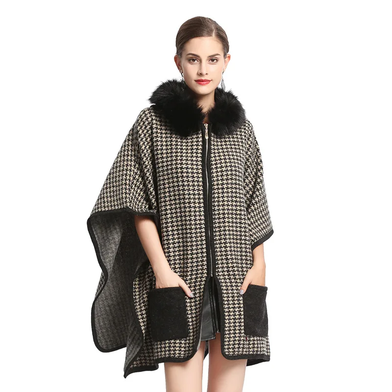 

SWONCO Zipper Lose Womens Cape Winter Warm Fur Coat Poncho 2022 Plaid Cape Dress Coat Women Winter Cloak With Fur Ponchos Black