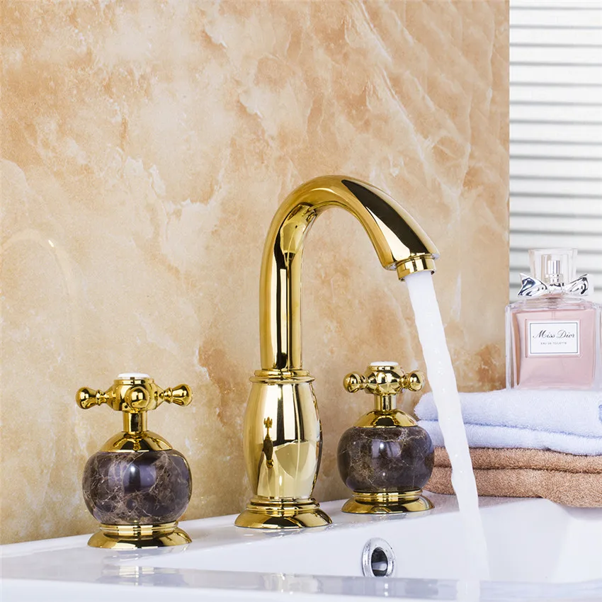 Torayvino bathroom sink faucet 3 hole Delicate Marble & Golden Dual Handle Deck Mounted Water Mixer Distinguished sink mixer tap