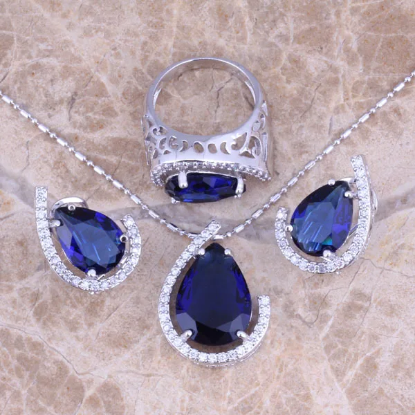 Blue Cubic Zirconia White CZ Silver Plated Jewelry Sets Earrings Pendant Ring Size 6 / 7 / 8 / 9 / 10 / 11 / 12 S0454