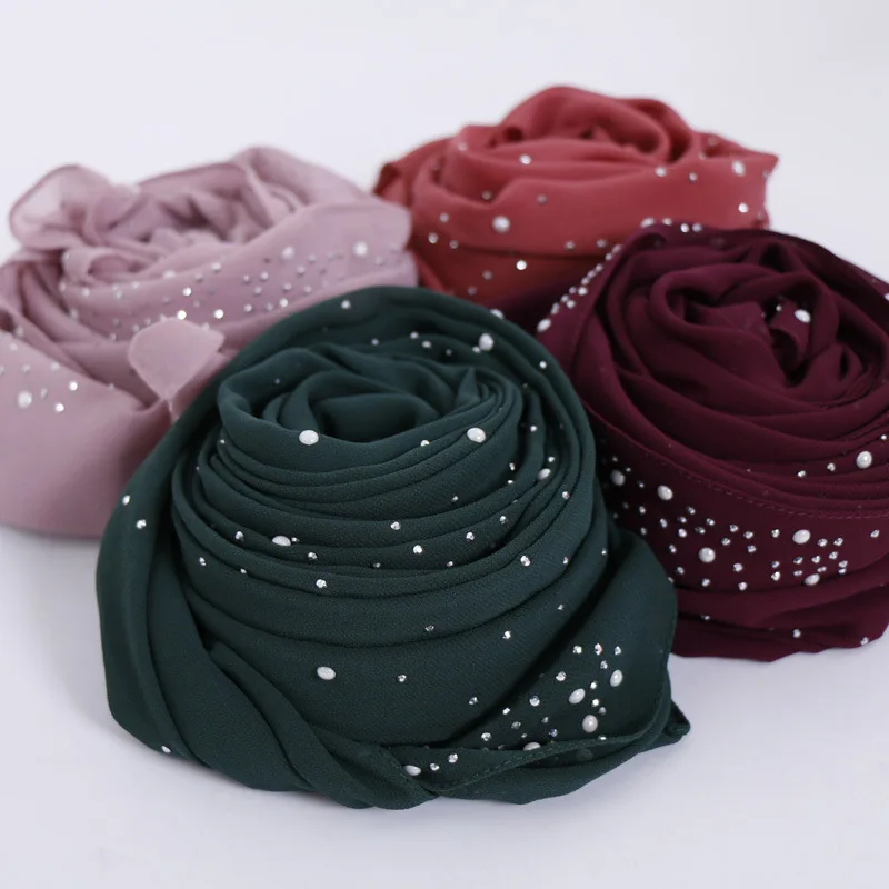 New Plain Diamond Beads Bubble Chiffon Instant Hijab Shawls Solid Thick Head Wraps Foulard Sjaal Muslim Bonnet Cachecol 180*70Cm