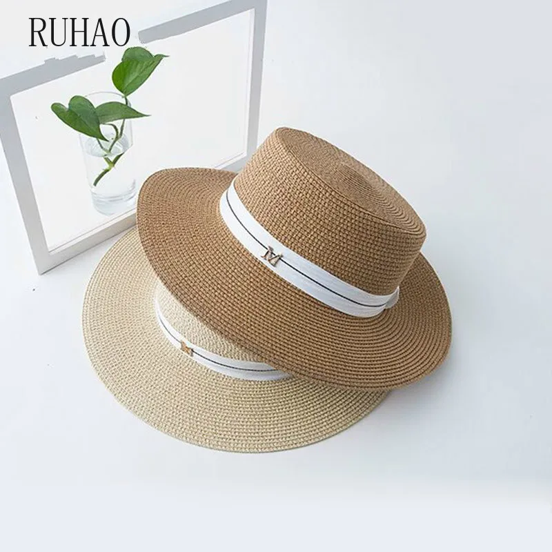 RUHAO Summer New M letter Retro Ribbon Braided Flat Head Straw Hat Lady Hepburn Wide-brim Sun Hat British Sunscreen Beach Hats