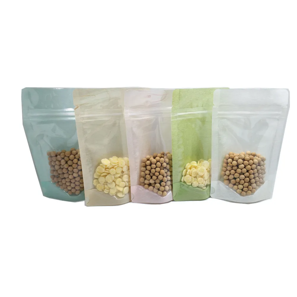 50Pcs/Lot 9x15cm Stand Up Zipper Bags Paper Package Bag Snack Coffee Beans Storage Bags Clear Plastic Ziplock Bag Back 5 Colors