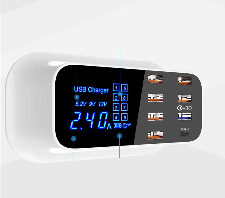 Quick Charge 3.0 Smart USB Type C Charger Station Led Display Fast Charging Power Adapter Desktop Strip Mobile Phone USB Charger