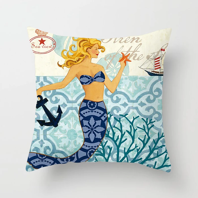 RULDGEE Marine Anchor Mermaid Nautical  Ocean Linen Throw Pillow Home Decorative Pillowcase