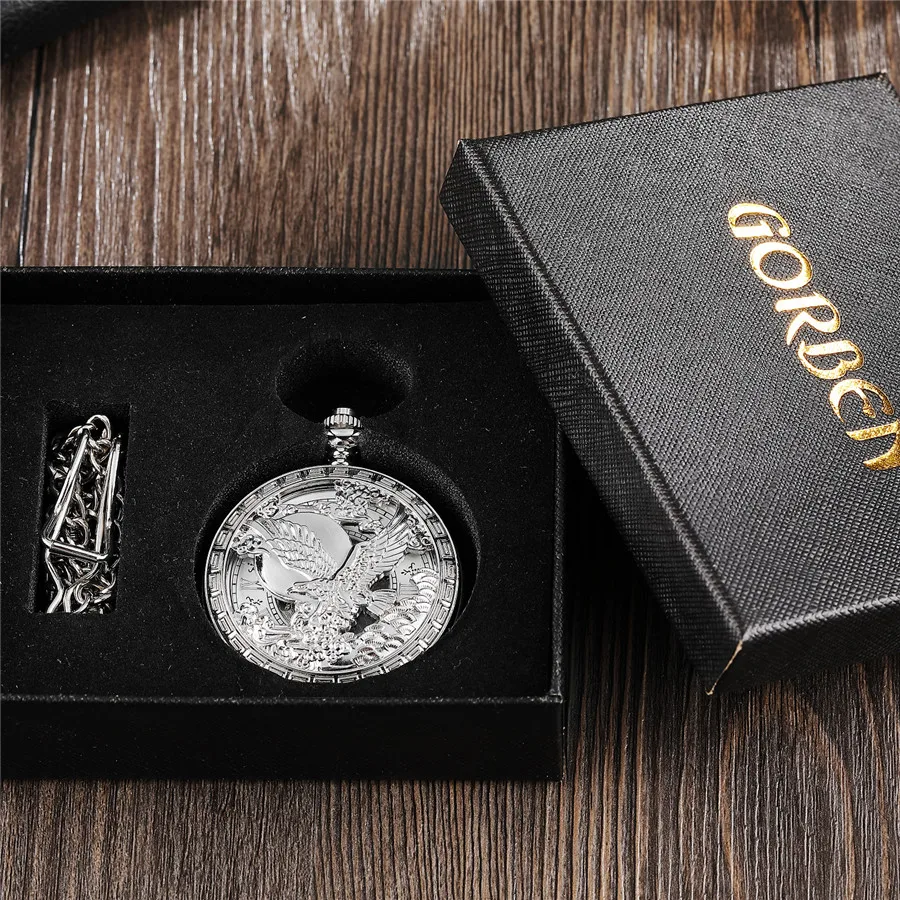 Full Silver Eagle Steampunk Luxury Mechanical Pocket Watch Men Vintage Hollow Skeleton Watch Fob Clock Male Unisex Watch