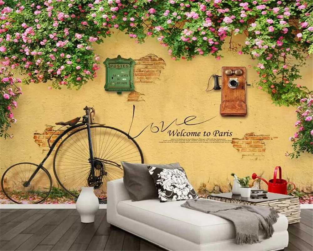 

beibehang Custom wallpaper On the wall rose Rose Dilapidated wall Bicycle Mail Phone Bar Cafe TV background wall 3d wallpaper