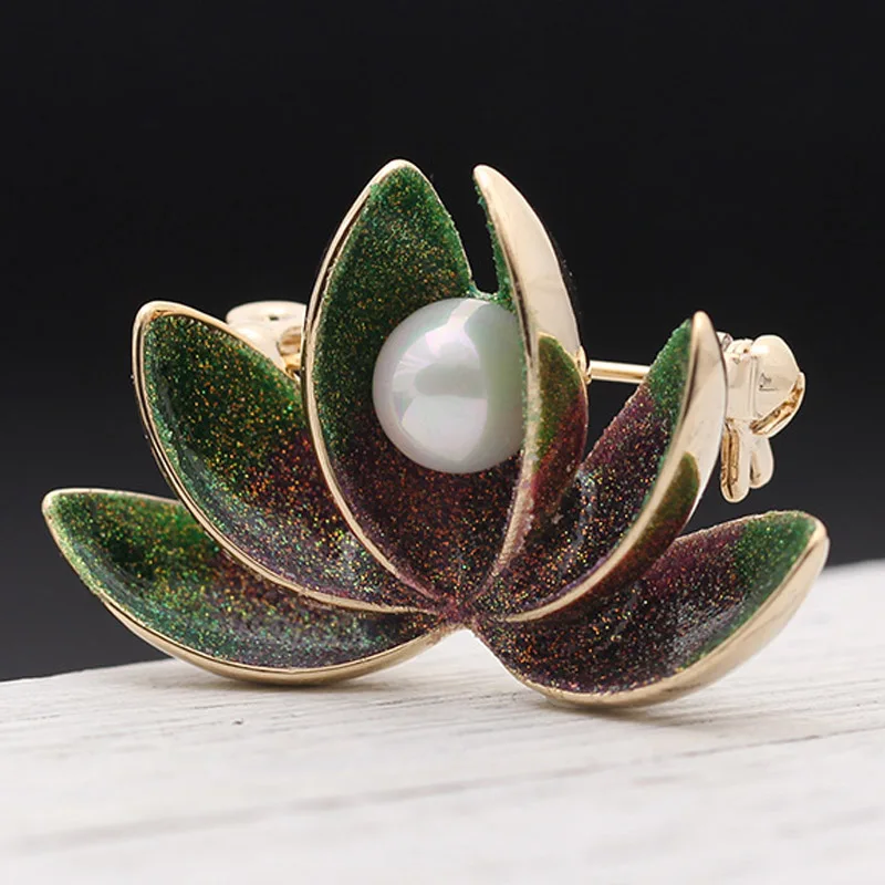 Zlxgirl Cheap Enamel Lotus Flower Brooch Jewelry For Wedding Jewelry Fashion Women Flower Hijab Accessories Crystal Pin Brooch