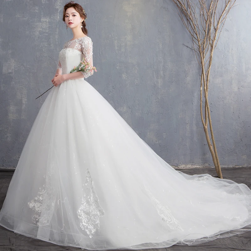 

Train Wedding Dress Lace Up New Bride Luxury Wedding Dresses Embroidery Tail Dresses