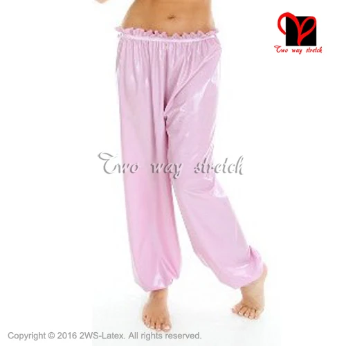 Pink Sexy  Loose Latex pants front buttons  bloomers Rubber Pants Gummi Trousers Long XXXL plus size KZ-124