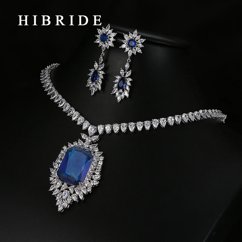 HIBRIDE Luxury White Gold-Color Dark Blue AAA Cubic Zirconia Fashion Women Jewelry Sets N-58