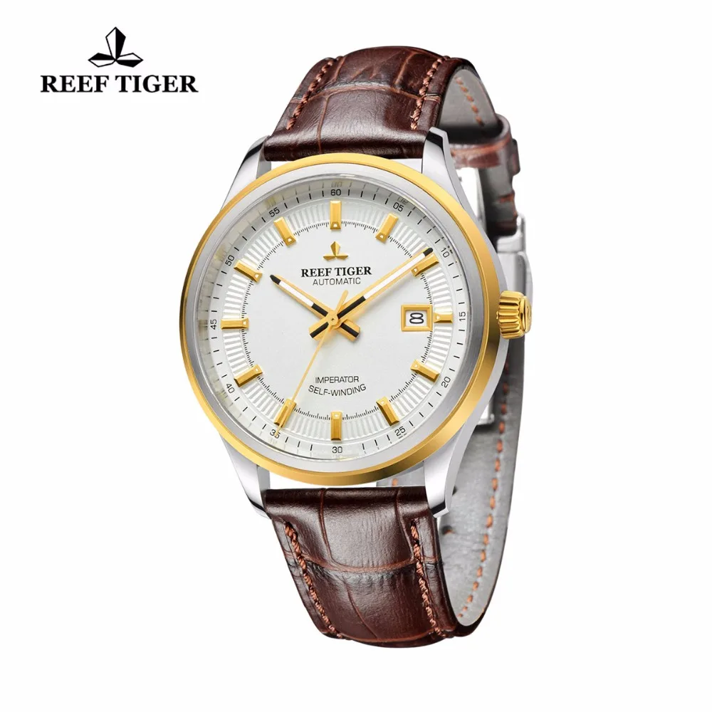 Reef Tiger/RT Dress Business Watch For Men Miyota 9015 Super Luminous Watches with Date Steel Yellow Gold Watch RGA8015