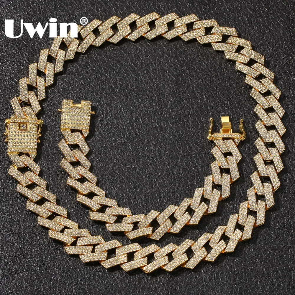 UWIN NE+BA 20mm Miami Prong Cuban Chain 3 Row Gold Color Full Iced Out Rhinestones Necklace & Bracelet Mens Hiphop Jewelry Set