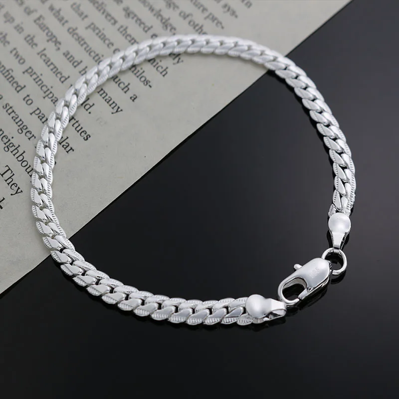 High quality fashion silver gold color bracelet men 5MM flat sideways chain hot sales jewelry wedding best gifts H199