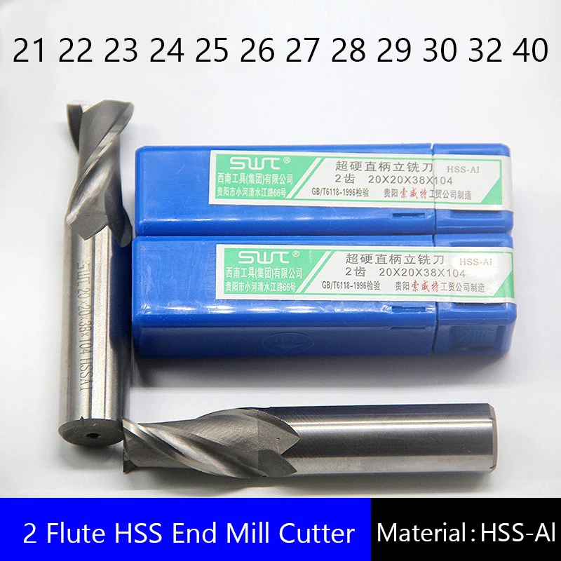 Two 2 Flute HSS End Mill Cutter CNC Bit Milling Cutter 21 22 23 24 25 26 27 28 29 30 32 40