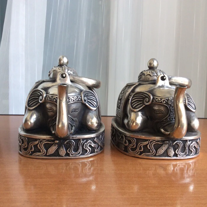 

2pcs buddhist bronze coated silver elephant shape figure teapot 13 cm tall Garden 100% real Tibetan Silver Brassroom