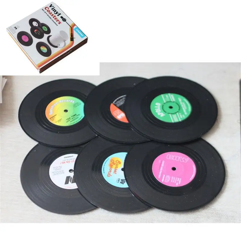 6Pcs/set Drinks Coasters Table Cup Mat Coffee Drink Placemat Spinning Retro Vinyl CD Record Coasters LX6567