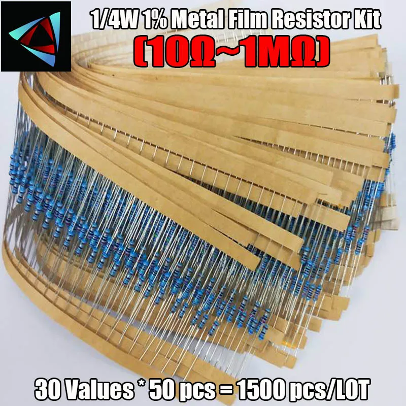 1500Pcs 1% 1/4W 30 Values 10-1M Ohm Metal Film Resistor Assorted Kit Set Lot